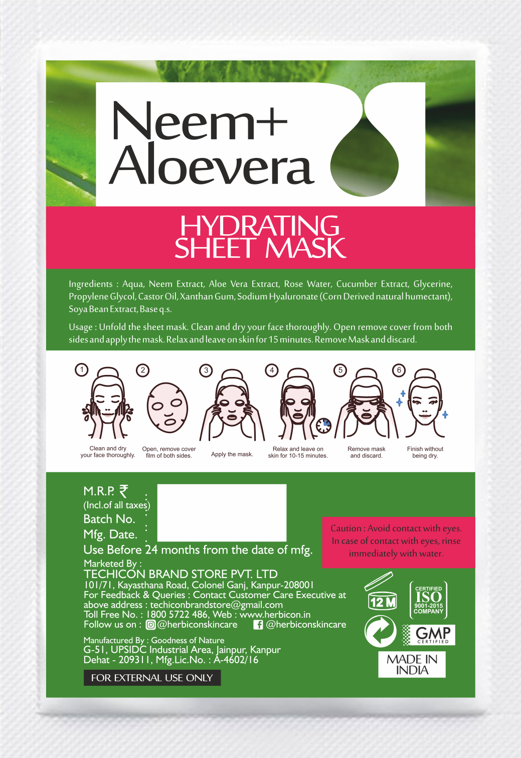 Herbicon Face Sheet Mask with Neem & Aloe Vera for Anti Acne, Pimples, Dark Spots, Deep Cleansing, Skin Repair - 20 ML