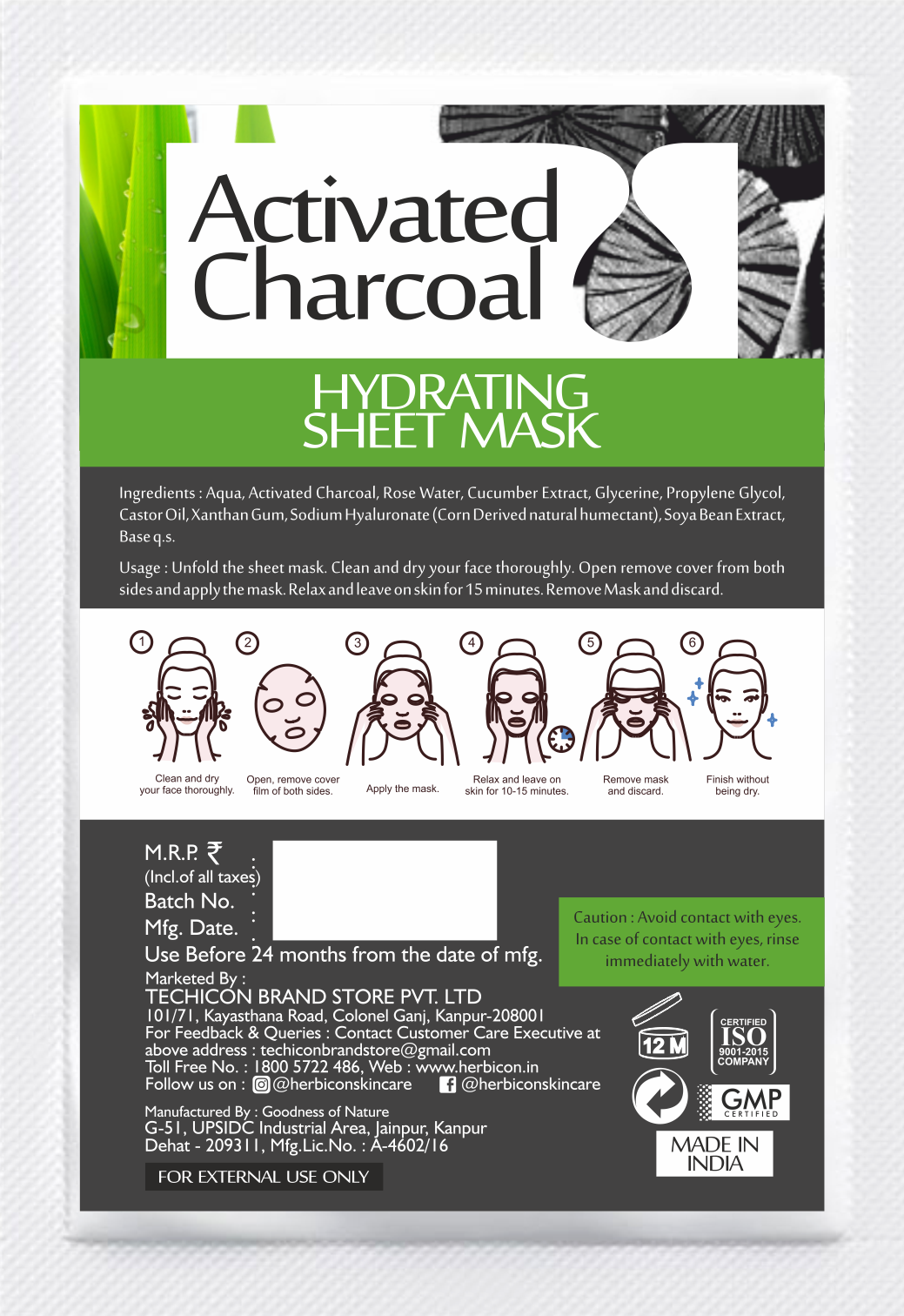 Herbicon Activated Charcoal Face Sheet Mask for Detox Skin and Hydration - 20 ML