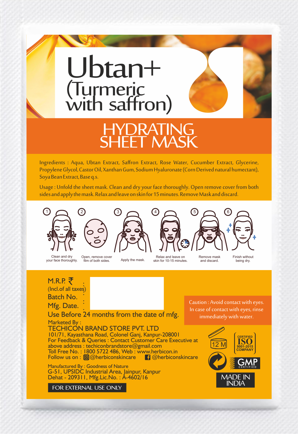 Herbicon Ubtan Face Sheet Mask with Turmeric and Saffron for Skin Brightening - 20 ML per sheet