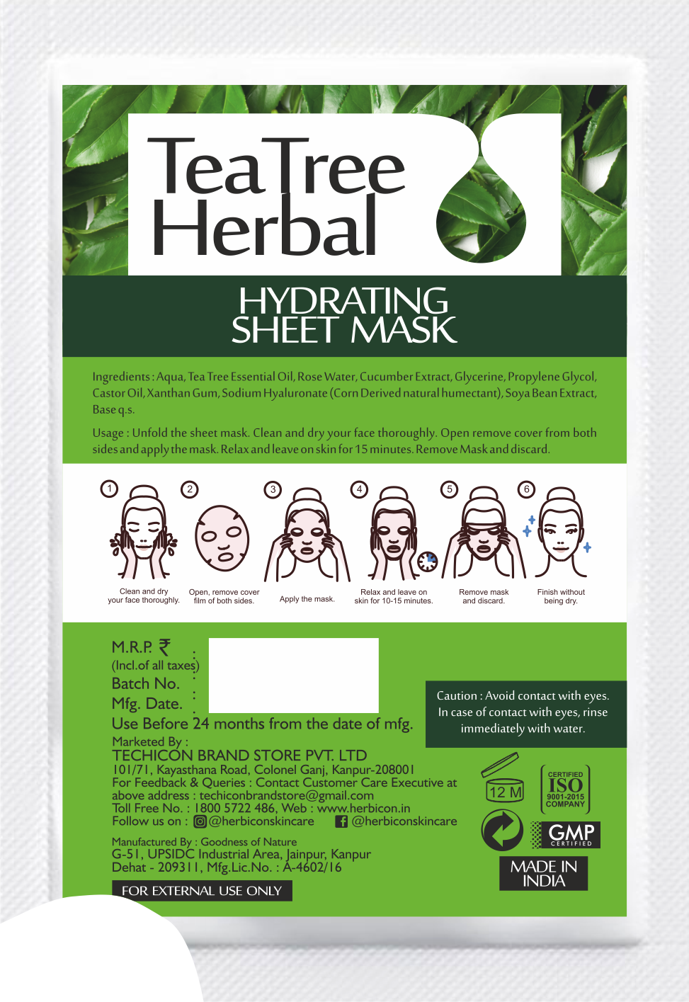 Herbicon Tea Tree Herbal Face Sheet Mask with Aloe Vera for Acne and Skin Inflammation - 20 ML