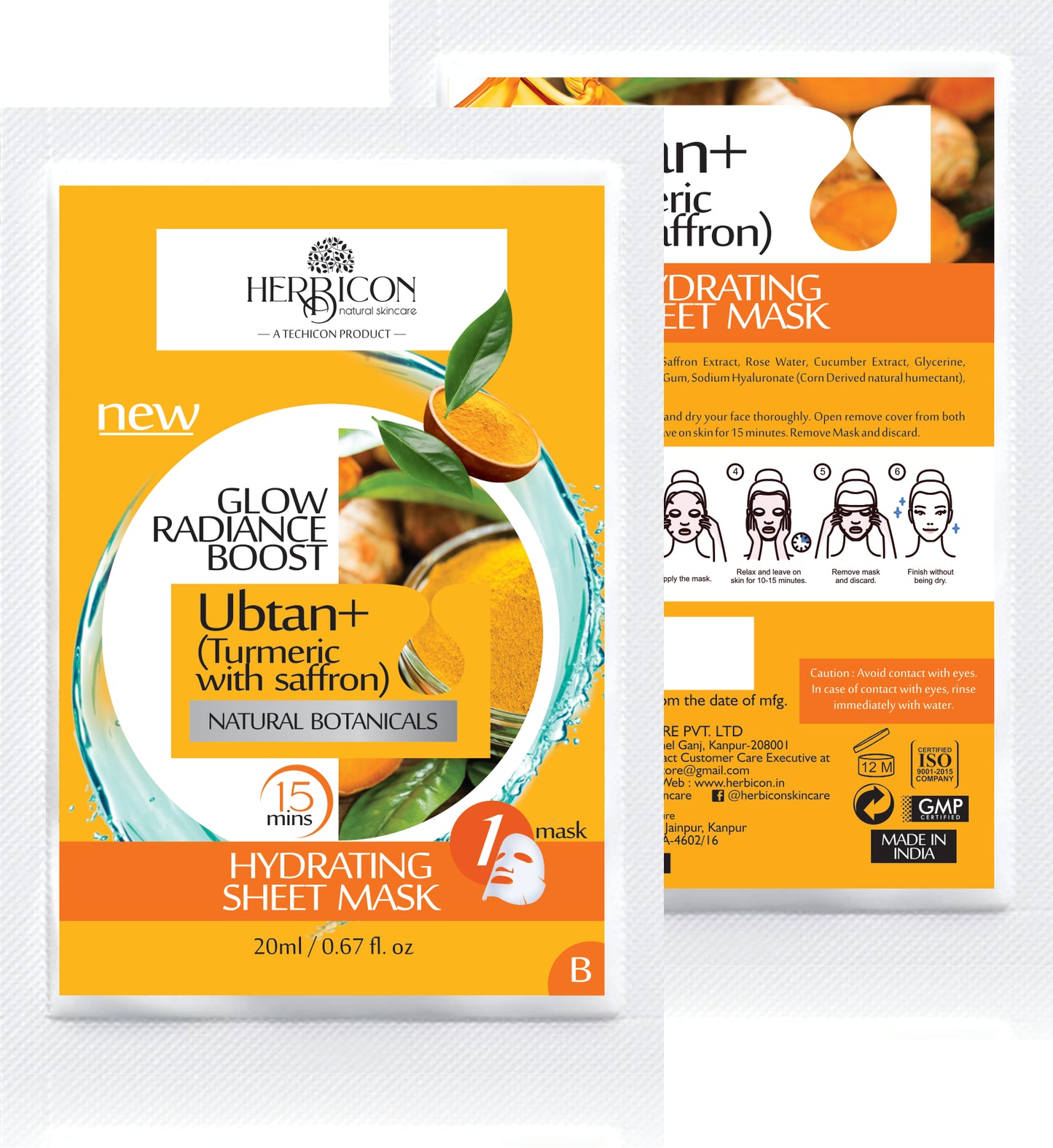 Herbicon Ubtan Face Sheet Mask with Turmeric and Saffron for Skin Brightening - 20 ML per sheet