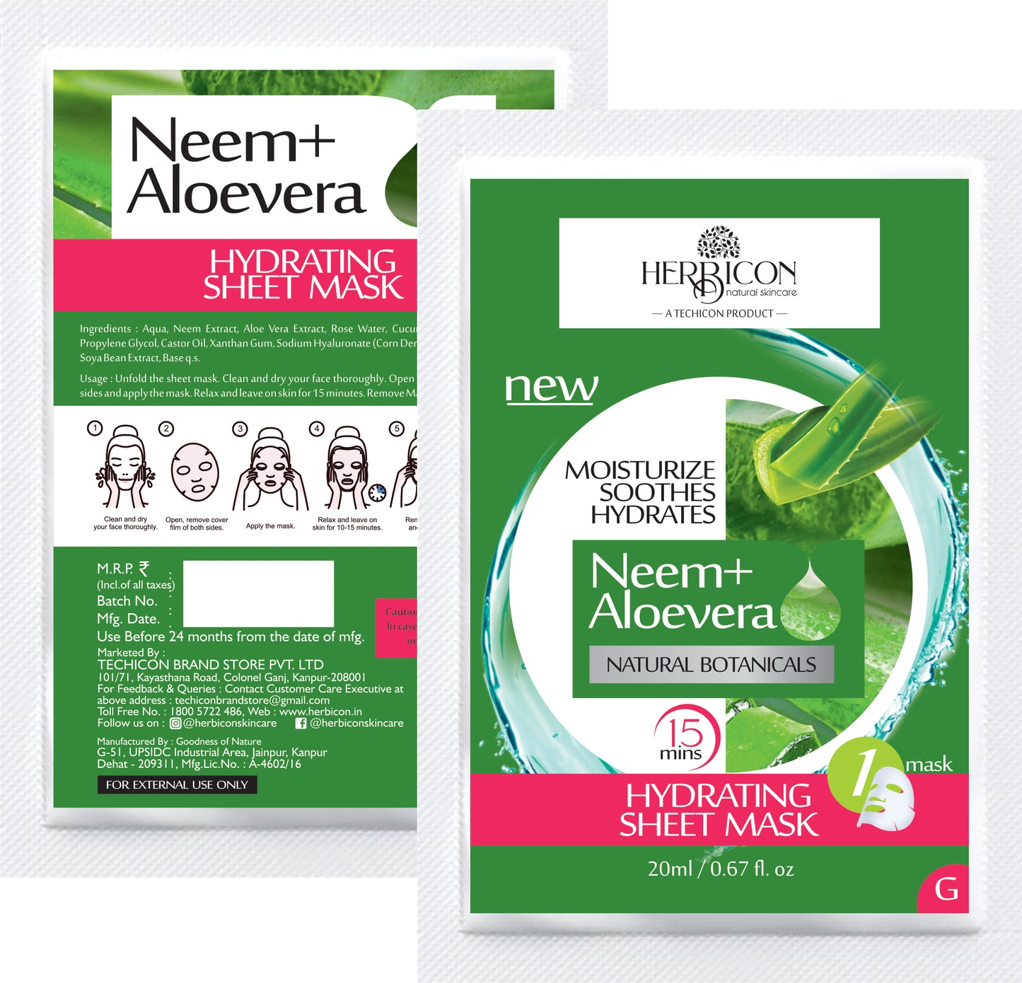 Herbicon Face Sheet Mask with Neem & Aloe Vera for Anti Acne, Pimples, Dark Spots, Deep Cleansing, Skin Repair - 20 ML