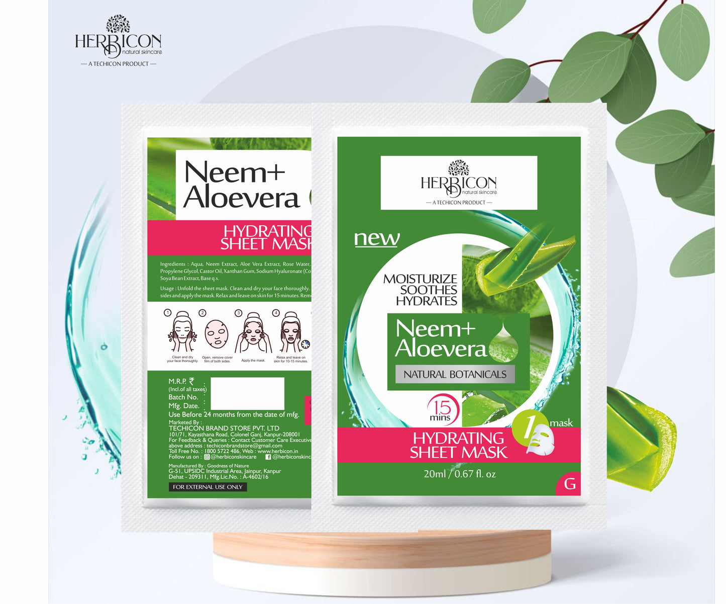 Herbicon Face Sheet Mask with Neem & Aloe Vera for Anti Acne, Pimples, Dark Spots, Deep Cleansing, Skin Repair - 20 ML