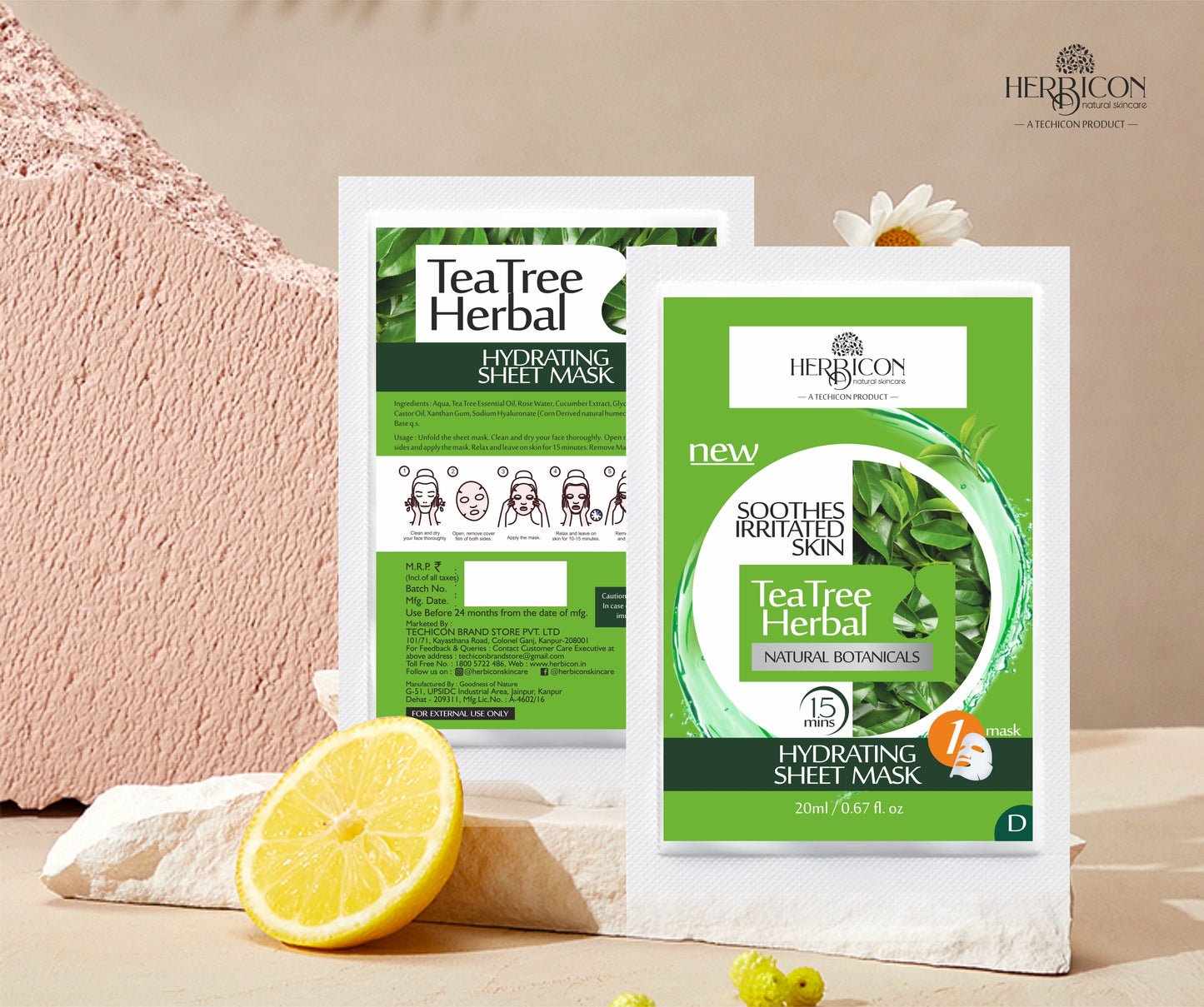 Herbicon Tea Tree Herbal Face Sheet Mask with Aloe Vera for Acne and Skin Inflammation - 20 ML