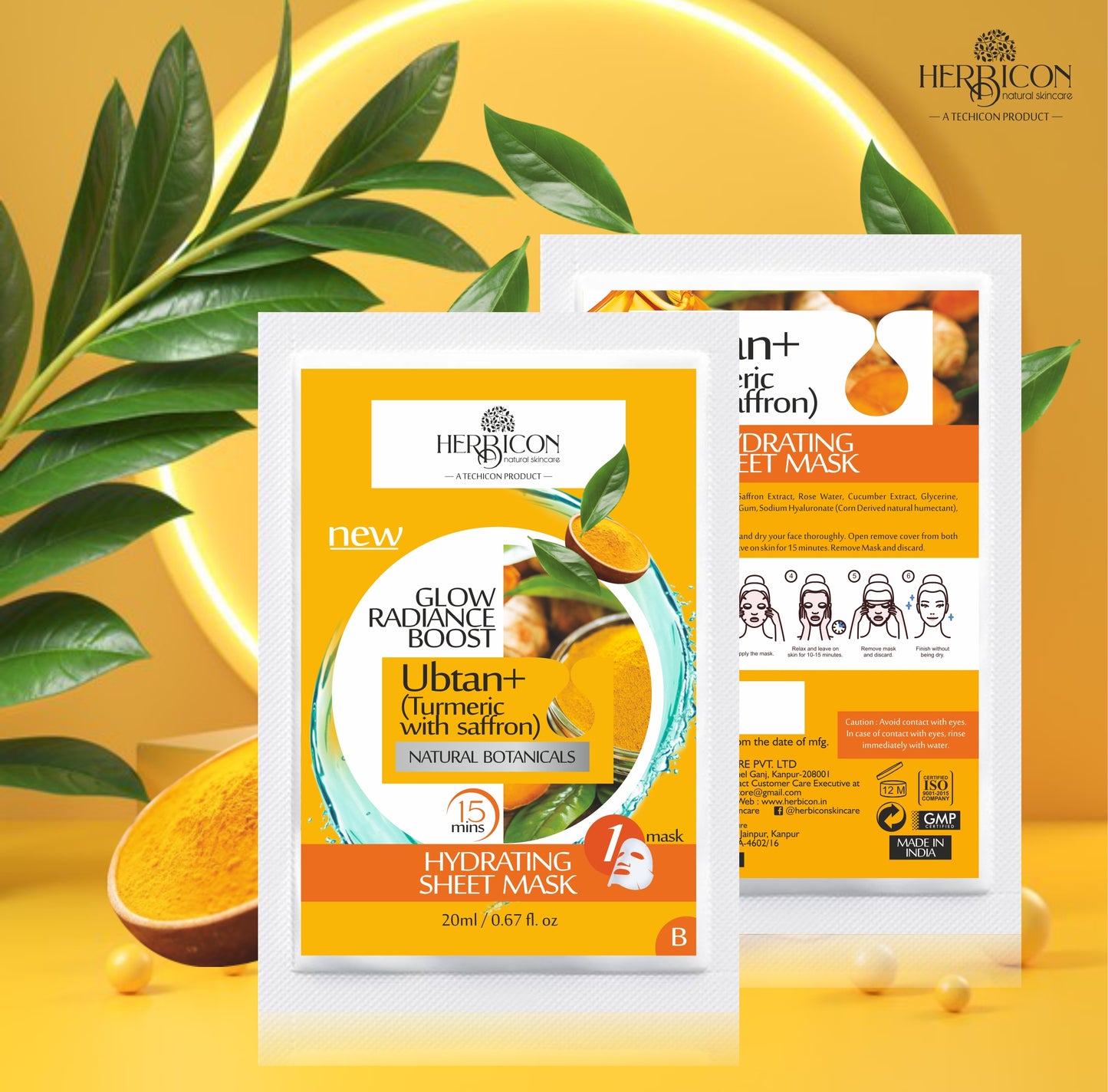Herbicon Ubtan Face Sheet Mask with Turmeric and Saffron for Skin Brightening - 20 ML per sheet
