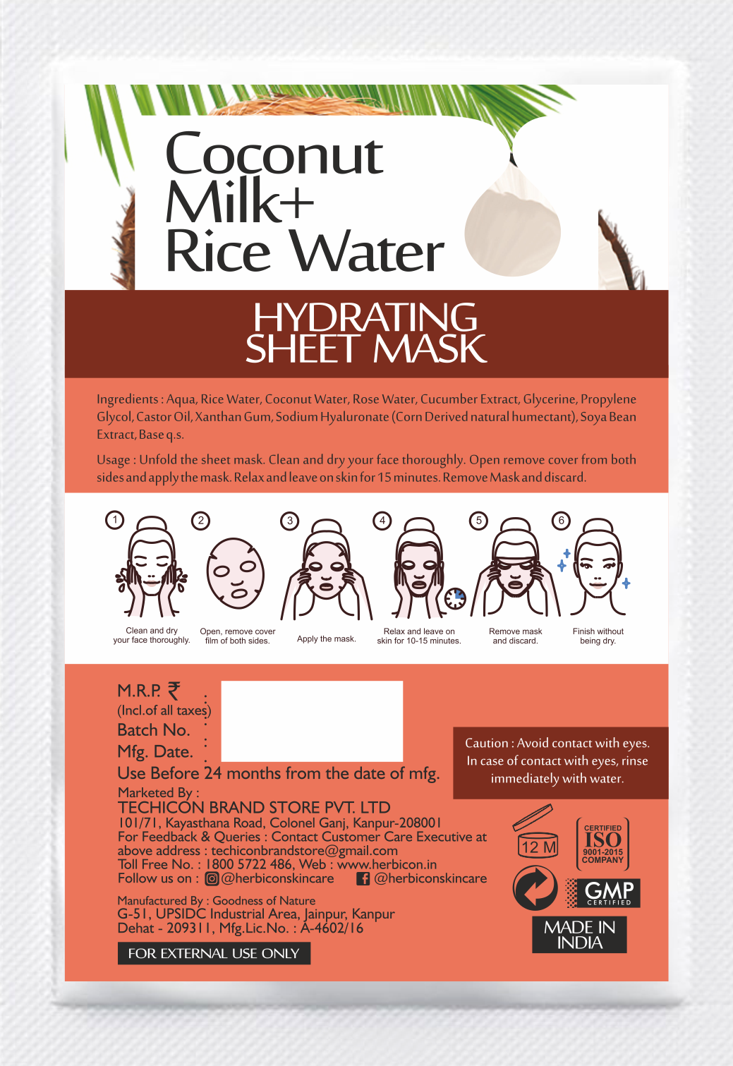 Herbicon Face Sheet Mask with Rice Water and Coconut Milk for Deep Hydration - 20 ML