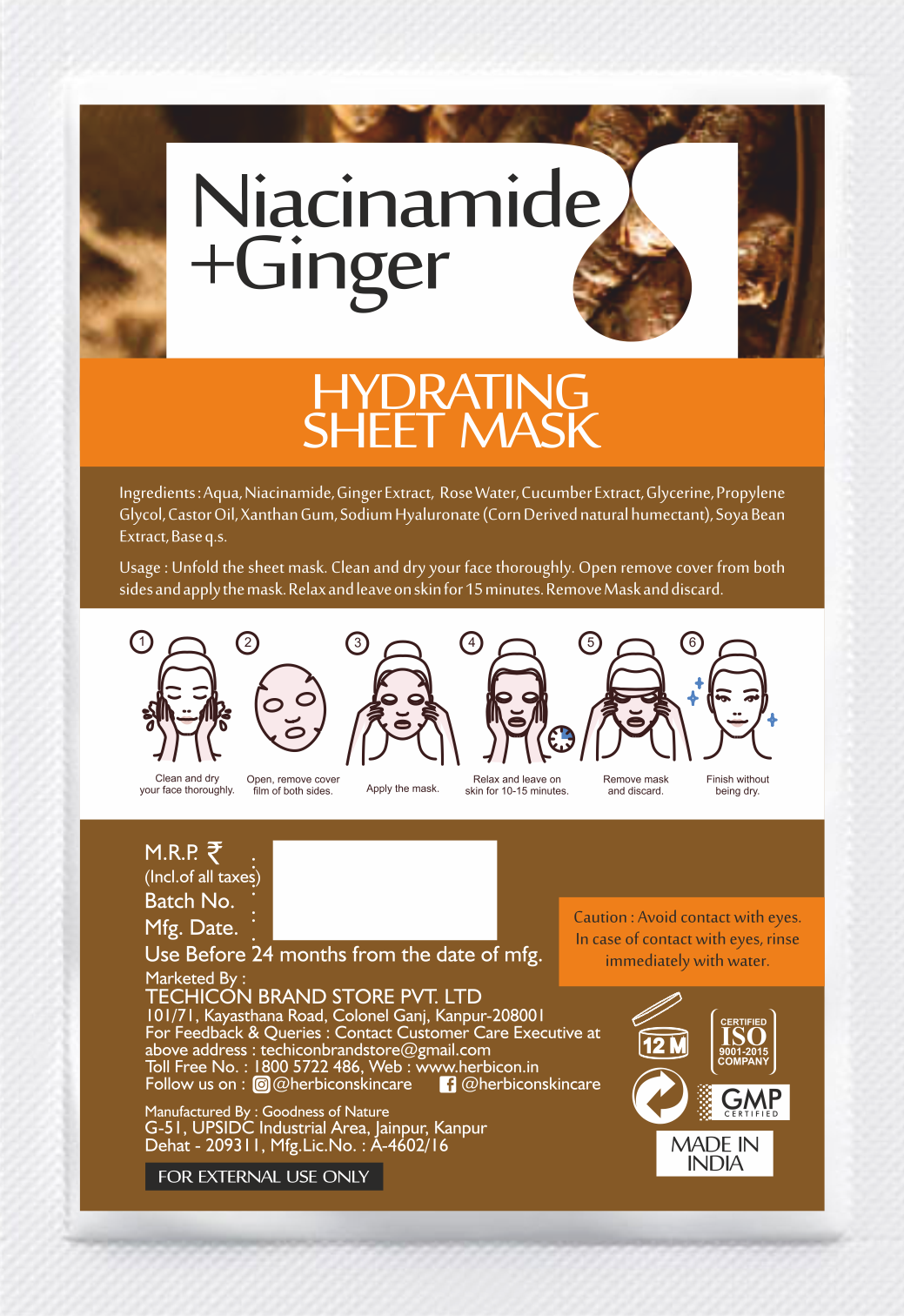 Herbicon Niacinamide Face Sheet Mask with Niacinamide and Ginger Extract for Clear and Glowing Skin - 20 ML