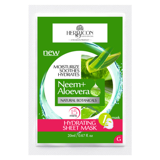 Herbicon Face Sheet Mask with Neem & Aloe Vera for Anti Acne, Pimples, Dark Spots, Deep Cleansing, Skin Repair - 20 ML