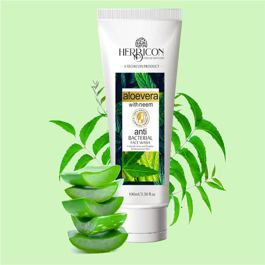 Herbicon Aloe Vera with Neem Anti Bacterial Face Wash with Vitamin E Granules for Anti Acne, Pimples, Dark Spots, Deep Cleansing, Skin Repair - 100% Organic, Natural & Herbal - 100 Ml