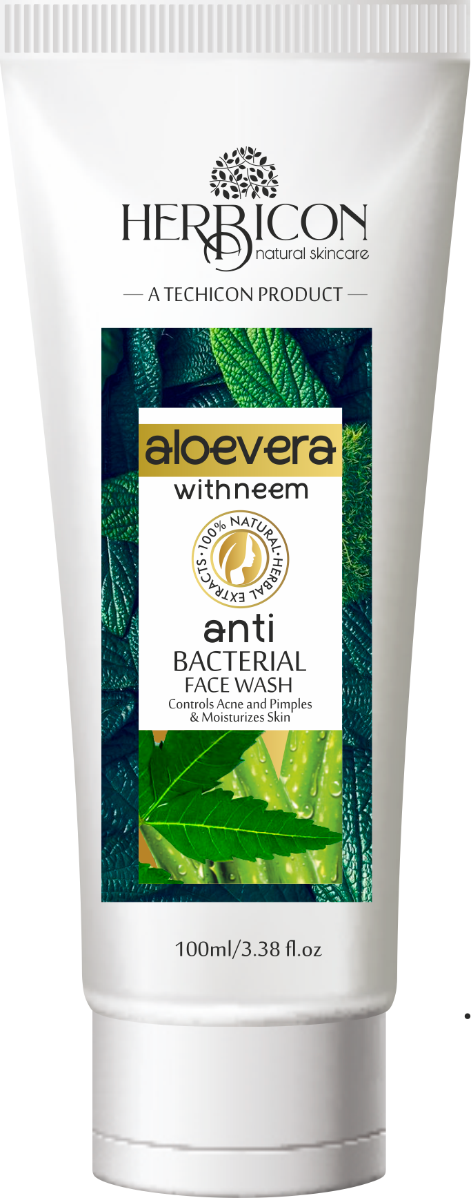 Herbicon Aloe Vera with Neem Anti Bacterial Face Wash with Vitamin E Granules for Anti Acne, Pimples, Dark Spots, Deep Cleansing, Skin Repair - 100% Organic, Natural & Herbal - 100 Ml