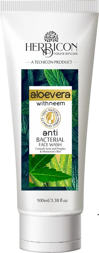 Herbicon Aloe Vera with Neem Anti Bacterial Face Wash with Vitamin E Granules for Anti Acne, Pimples, Dark Spots, Deep Cleansing, Skin Repair - 100% Organic, Natural & Herbal - 100 Ml