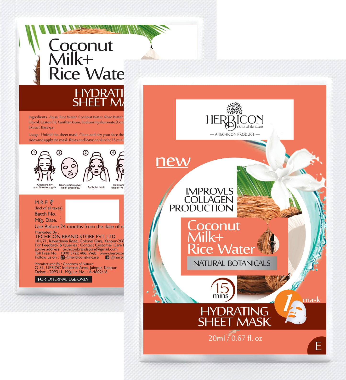Herbicon Face Sheet Mask with Rice Water and Coconut Milk for Deep Hydration - 20 ML