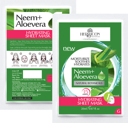 Herbicon Face Sheet Mask with Neem & Aloe Vera for Anti Acne, Pimples, Dark Spots, Deep Cleansing, Skin Repair - 20 ML